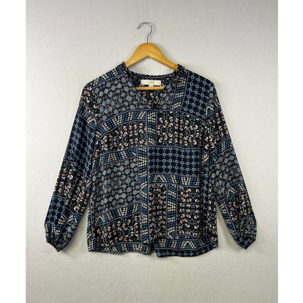 LOFT Petite Patchwork Floral Print Buttonโ Neck Blouse Long Sleeve Women XS